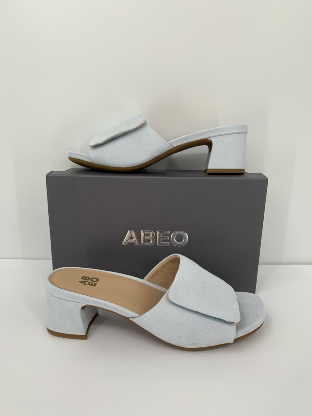 ABEO Avenue Slide sandal shoe blue suede leather comfort block heel mule New 9.5